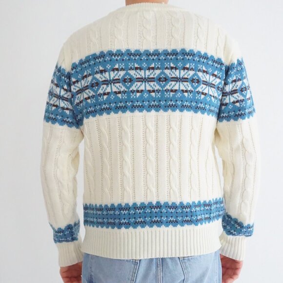 Vintage Whim Cream Blue Nordic Cable Knit Sweater Eclectic Grandpa Cabincore L - Picture 2 of 10